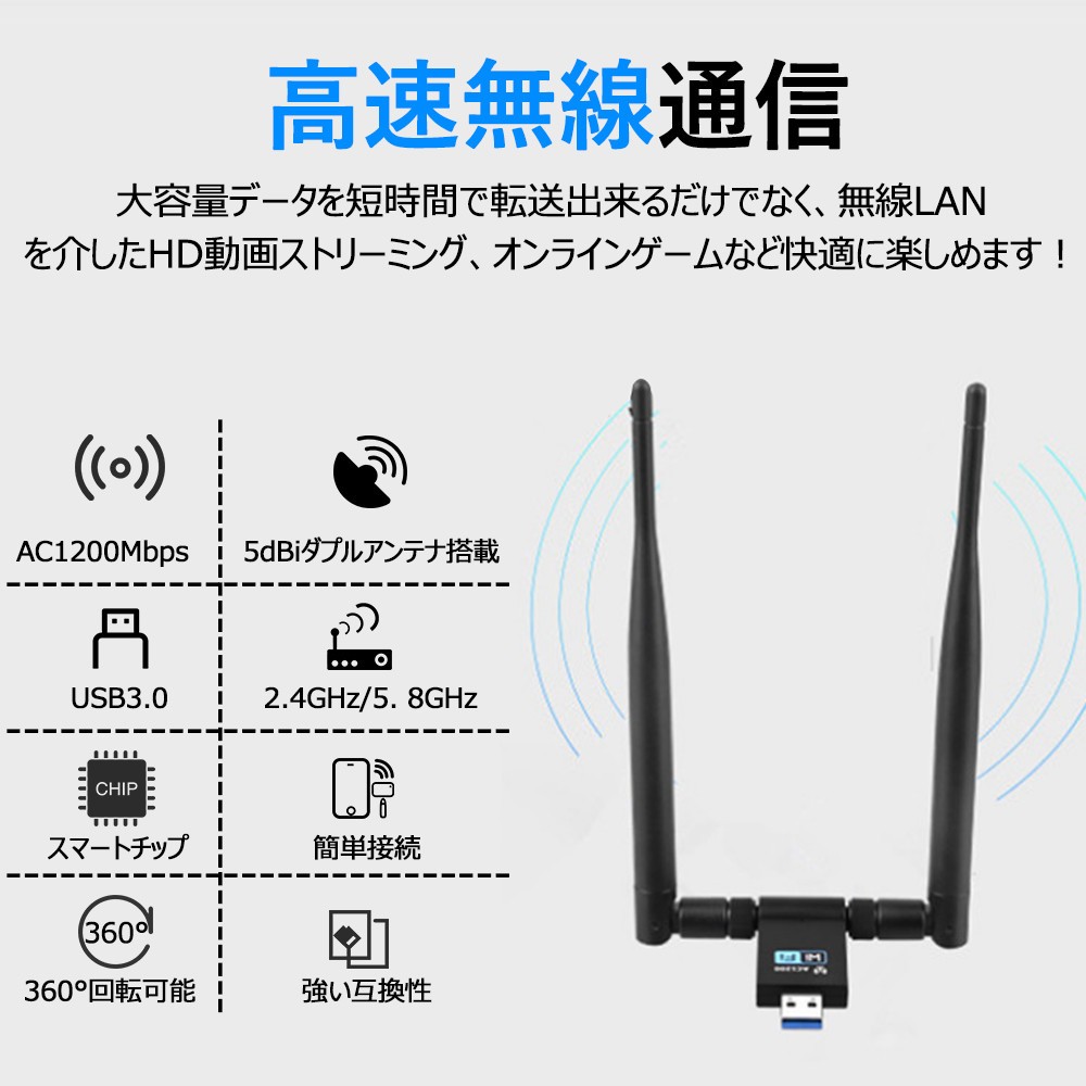 新登場 1200Mbps 360°回転可能 WiFi 高速無線通信 広範囲 USB3.0 子機