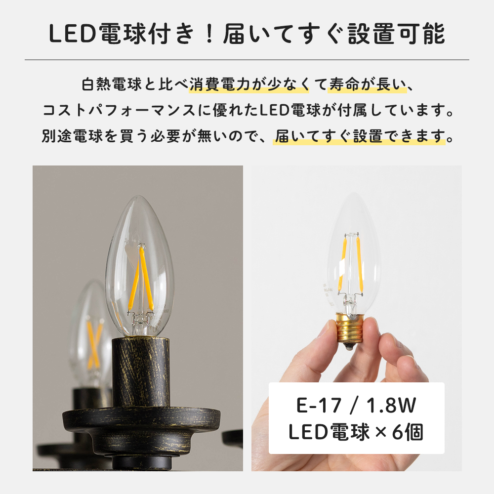 シャンデリア 照明 おしゃれ アンティーク LED 電球付き 黒 アイアン