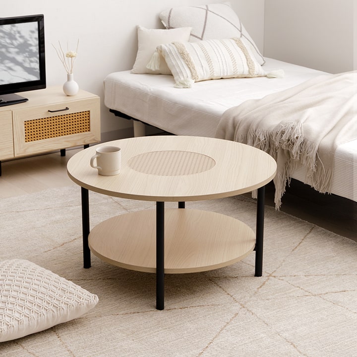 センターテーブル 丸 収納 ローテーブル 木製 おしゃれ ラタン調 直径