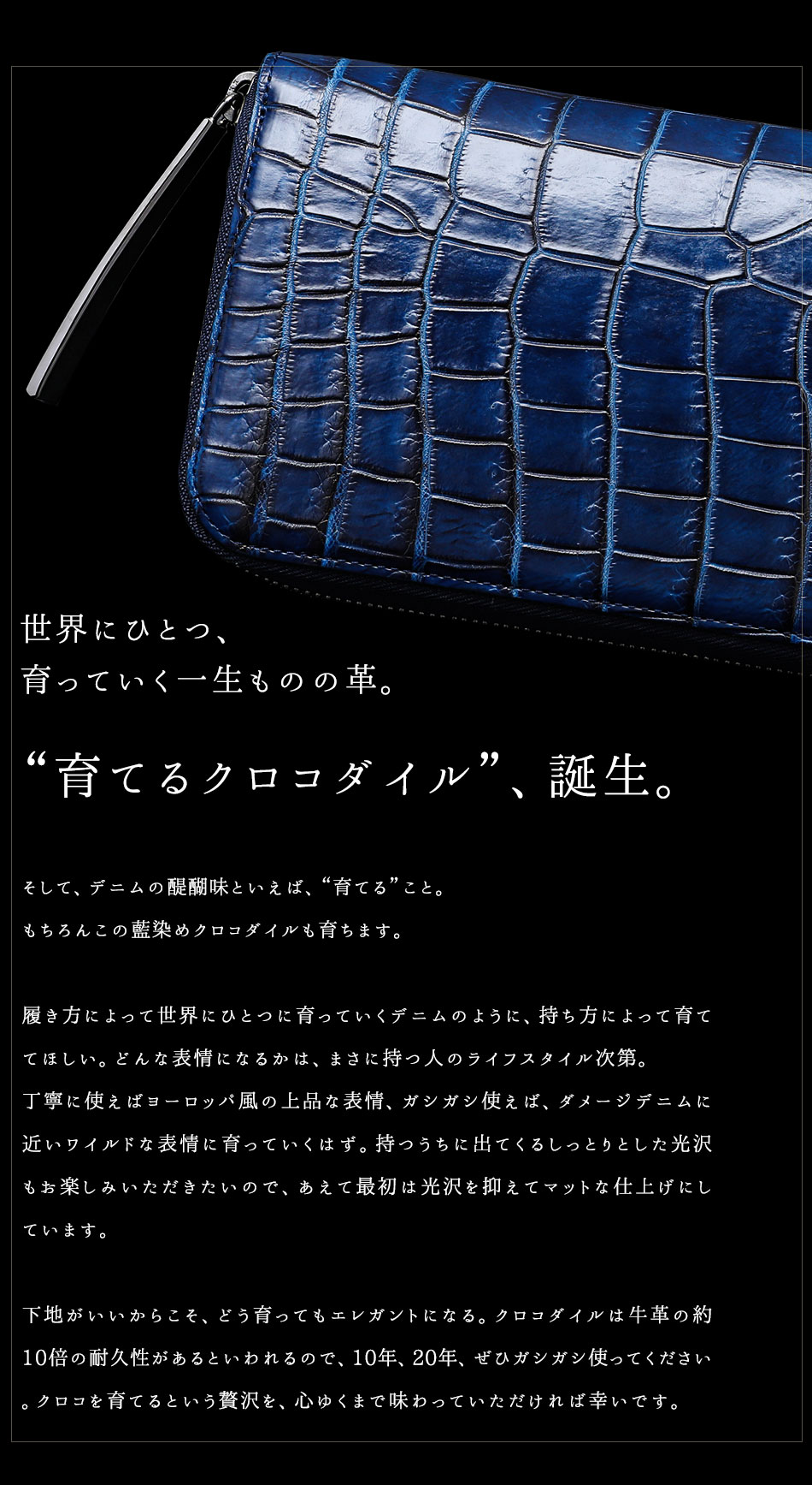 クロコダイル財布 マットクロコ 青 藍染め メンズ 長財布 大型財布