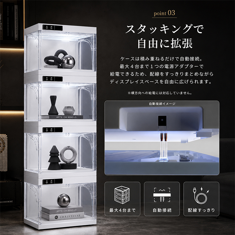 コレクションケース LEDライト付 4個セット 自動開閉 ショーケース