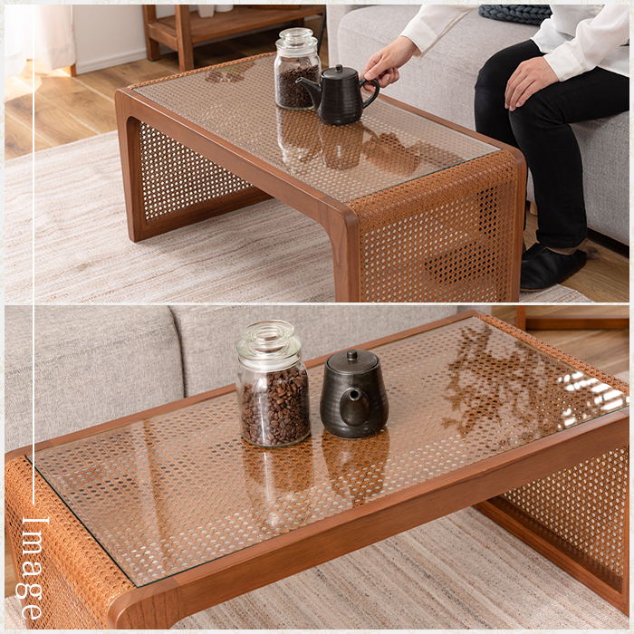 和風 ラタン センターテーブル ガラス 籐 リビングテーブル おしゃれ