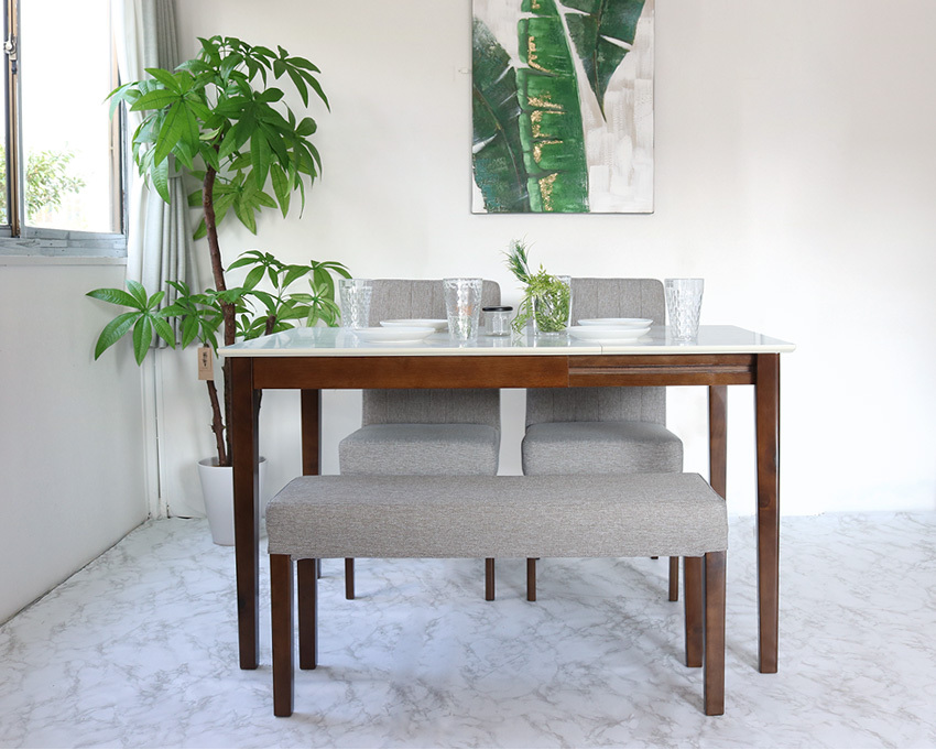 伸長式 ダイニングテーブルセット 4人掛け ホワイト天板 4点 ベンチ