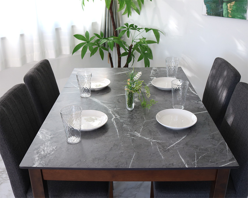 伸長式 ダイニングテーブルセット 4人掛け グレー天板 5点 セラミック