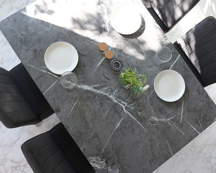 伸長式 ダイニングテーブルセット 4人掛け グレー天板 5点 セラミック