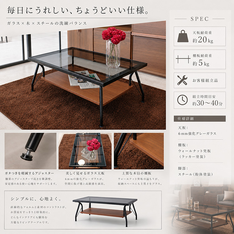 センターテーブル ガラス 棚付き アイアン おしゃれ モダン リビング