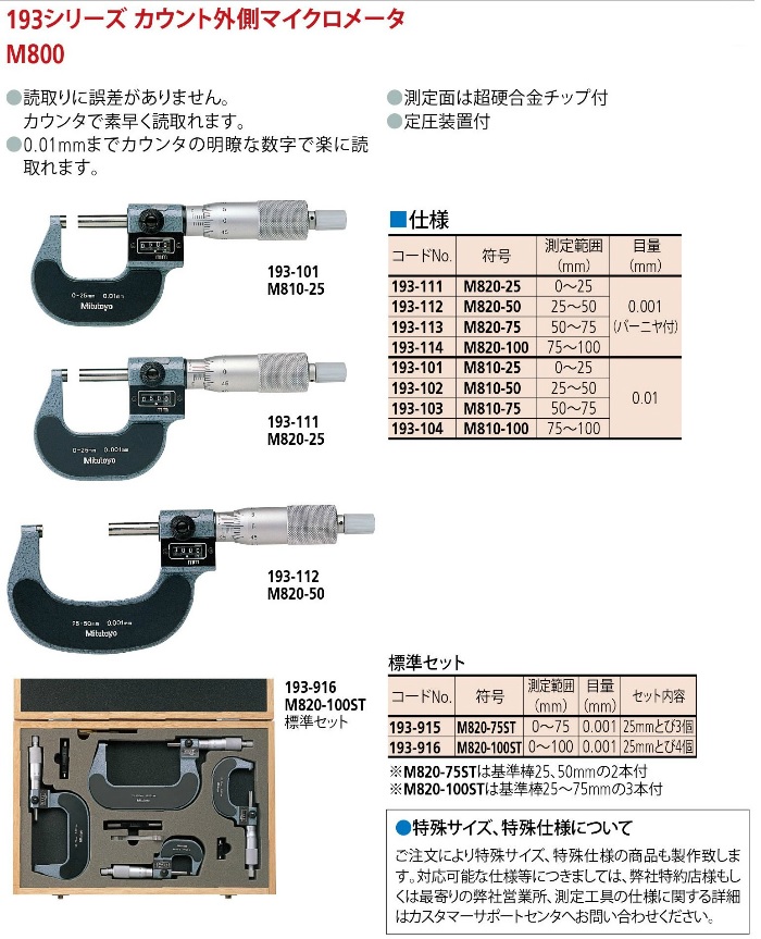 ミツトヨ（Mitutoyo） カウント外側マイクロメータ M810-25 193-101