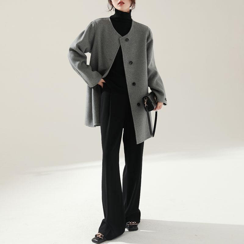 高品質ノーカラーコート レディース カシミヤ チェスターコート