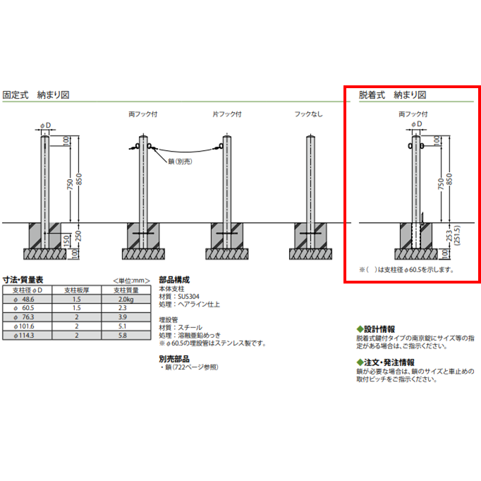 カネソウ 車止め Φ114.3×850 EA1185N-DL Eシリーズ ステンレス製 脱着式 スチール製蓋 鍵付 フックなし_2