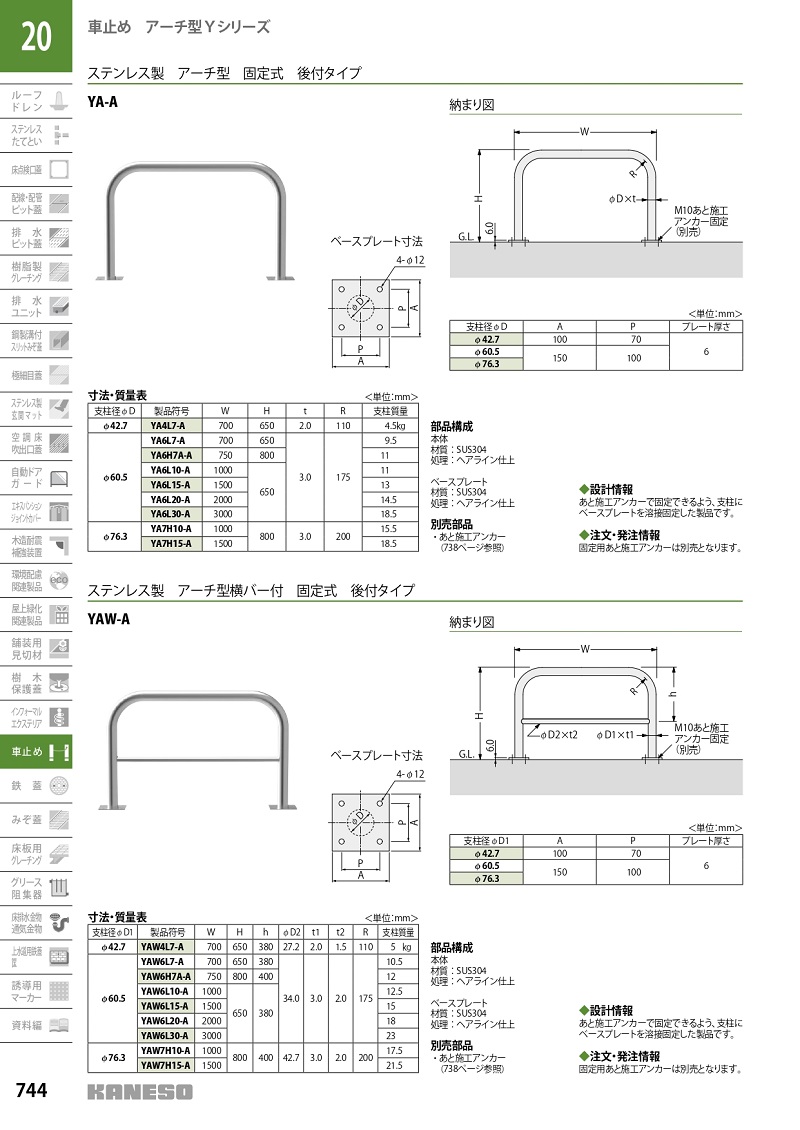 カーフレイズ台 ステンレス製 幅50cm アーチ形状 滑り止め付 カネソウ 車止め YA6L10-A Φ60.5×650×1000 Yシリーズ アーチ型