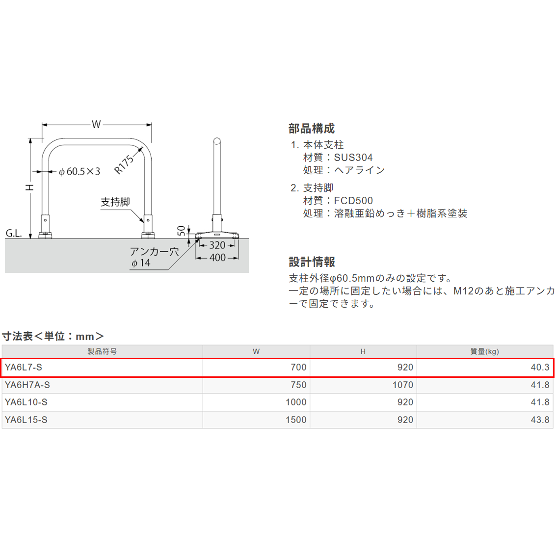 カネソウ 車止め YAW6L7-S Φ60.5×920×700 Yシリーズ アーチ型 横バー付 ステンレス製 据置式_1