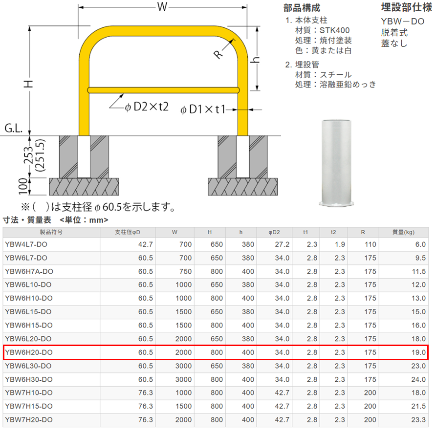 カネソウ 車止め YBW6H20-DO Φ60.5×800×2000 Yシリーズ アーチ型 横バー付 スチール製 焼付塗装 脱着式 蓋なし_1
