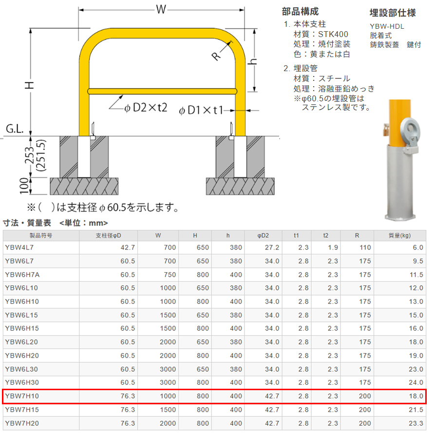 カネソウ 車止め YBW7H10-HDL Φ76.3×800×1000 Yシリーズ アーチ型 横バー付 スチール製 焼付塗装 脱着式 鋳鉄製蓋 鍵付_1