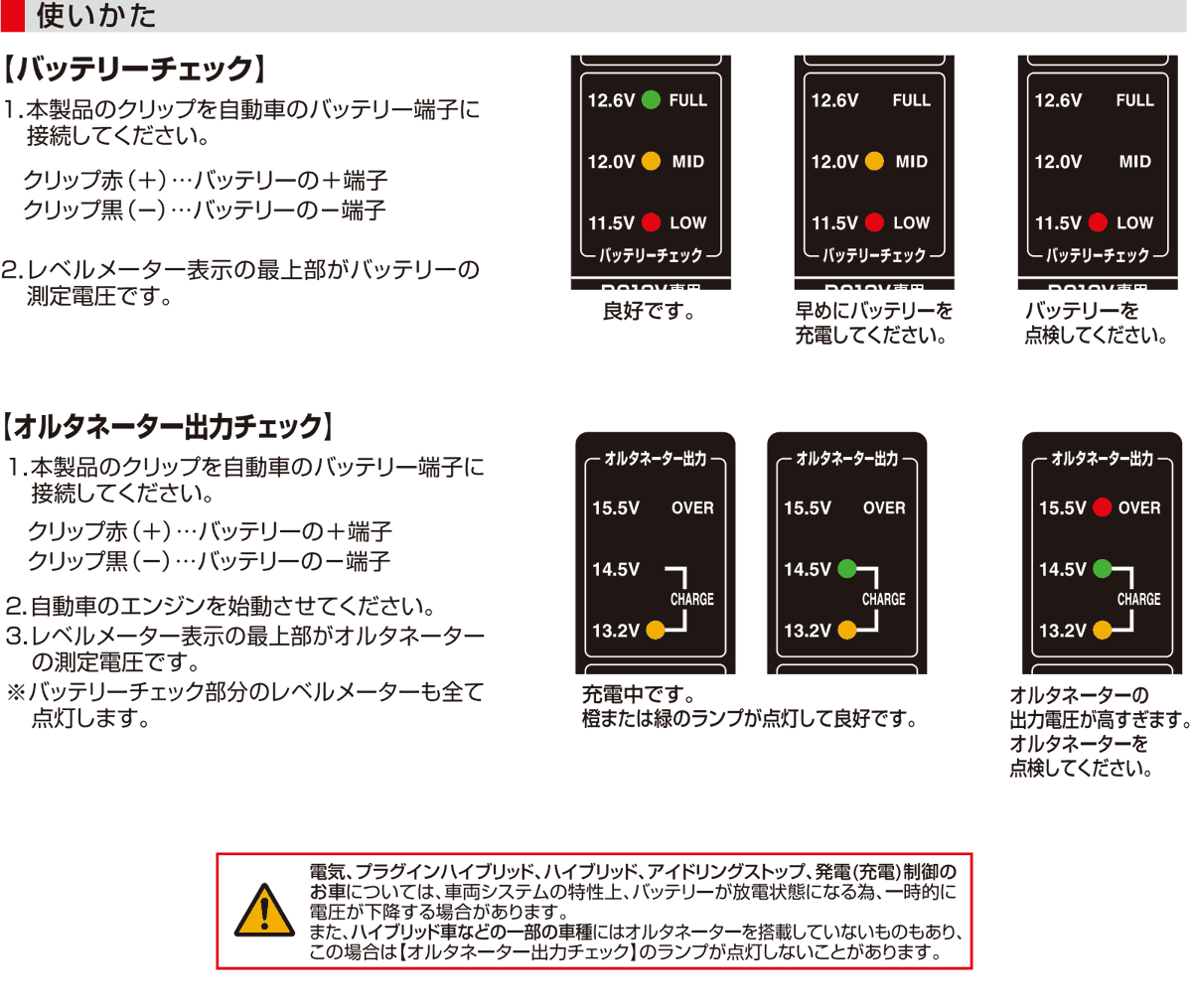 バッテリー&オルタネーターチェッカー1722直結タイプの使い方