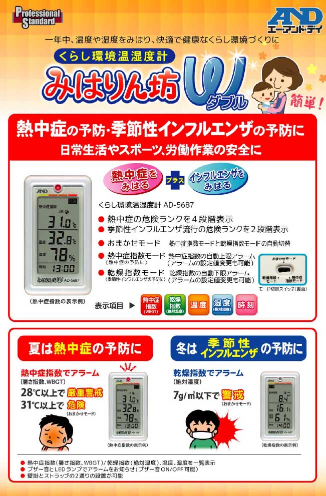 季節性インフルエンザと熱中症予防に効果的なWBGT指数と乾燥指数表示つきデジタル温湿度計