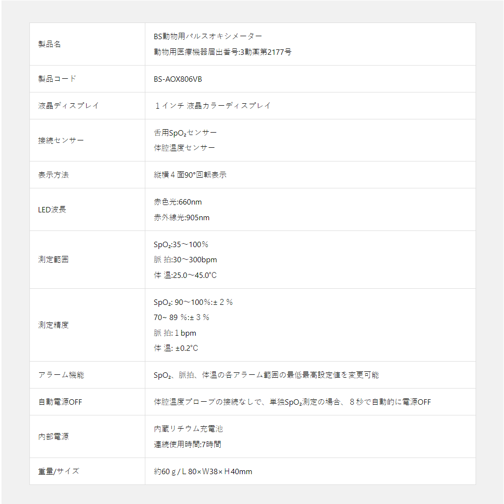BS動物用パルスオキシメーターBS-AOX806VBの仕様