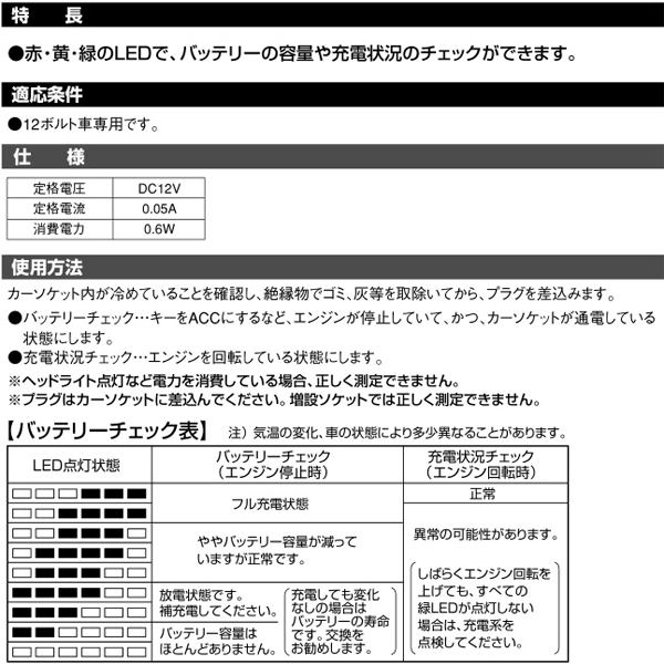 バッテリーチェッカーCT731のバッテリーチェック表