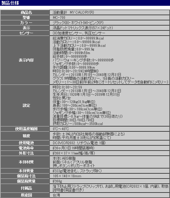 YAMASA活動量計MC700の仕様