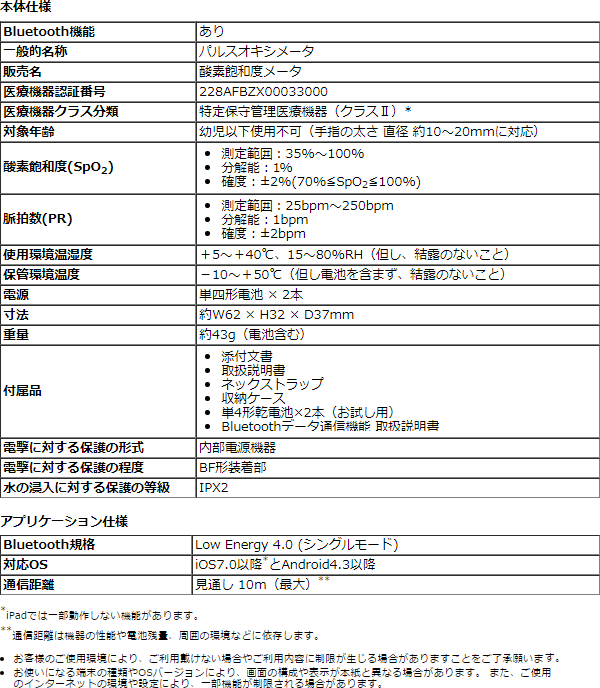 酸素飽和度メータ「パピッとパルスオキシメータ」PLS-01BTの仕様