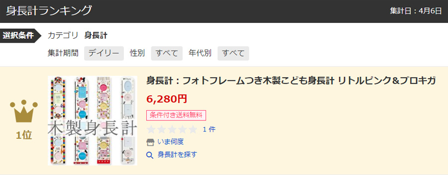 身長計：フォトフレームつき木製こども身長計 リトルピンク＆ブロキガ