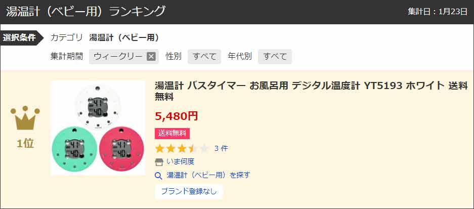 お風呂用デジタル温度計「うきうきバスタイム」ランクイン