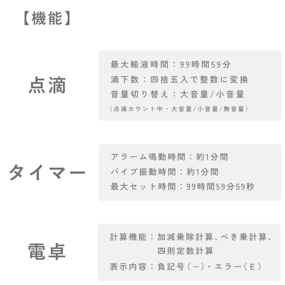 点滴・電卓・タイマーの各機能