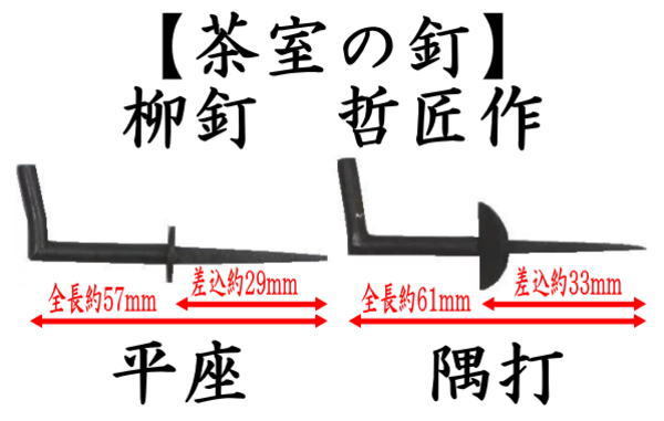 柳釘　平座釘　平皮面柱用又は隅釘　角柱用　鉄火打　哲匠作