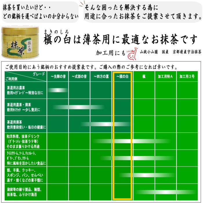 抹茶 MATCHA powdered grenn tea 槇の白 150g入り 山政小山園 薄茶用