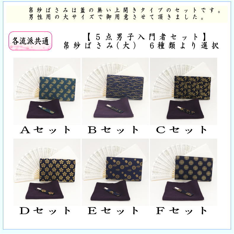 5点男子入門者セット　（二折れ帛紗ばさみ（外入）　大　クリアケース入物付）　（各流派）