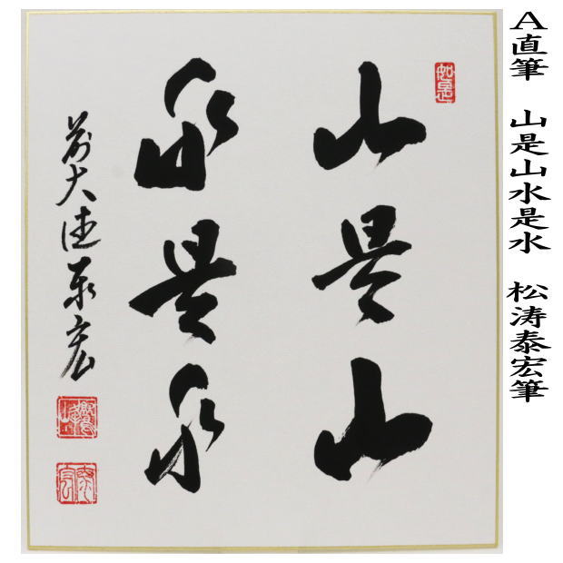 茶道具 色紙 直筆 山是山水是水又は行雲流水 松涛泰宏筆 宗潤 まつな
