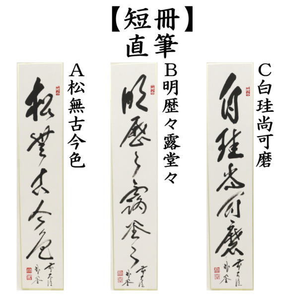 短冊　松無古今色又は明歴々露堂々又は白珪尚可磨　佐藤朴堂筆