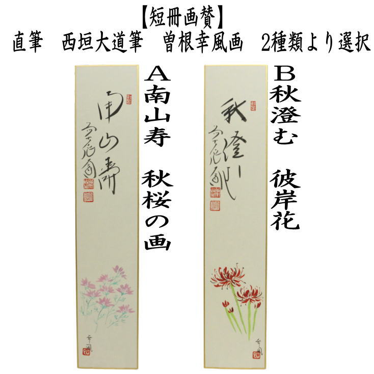 短冊画賛　筆　南山寿　秋桜の画又は秋澄む　彼岸花（曼珠沙華）　西垣大道筆　曽根幸風画（肉筆画）