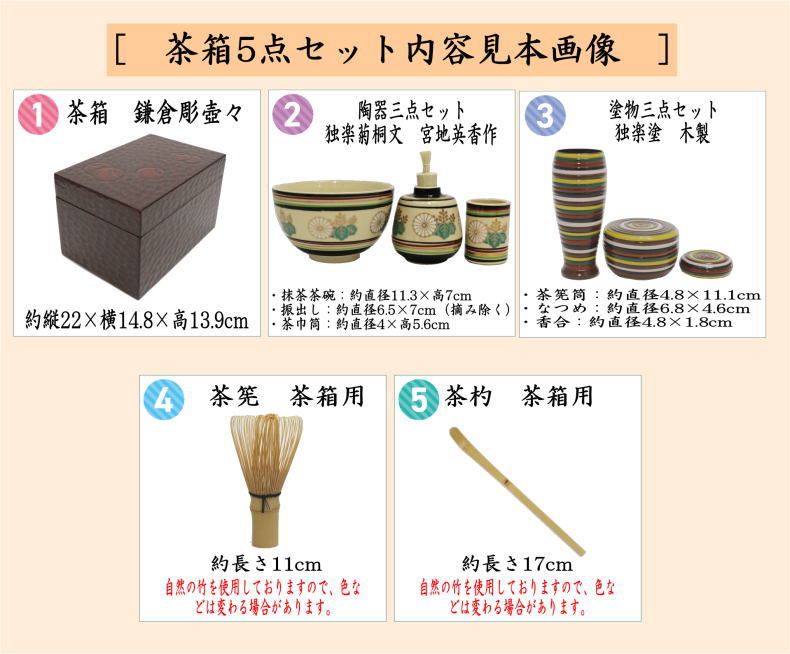 茶道具 利休茶箱 茶箱5点セット 茶箱 鎌倉彫壺々 陶器三点セット[独楽菊桐文 宮地英香作] 塗物三点セット[独楽塗り 木製] 茶筅 茶杓付 茶道