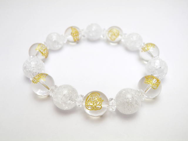 高品質 天然石 金彫り七福神 水晶 12mm クラック水晶 ブレスレット