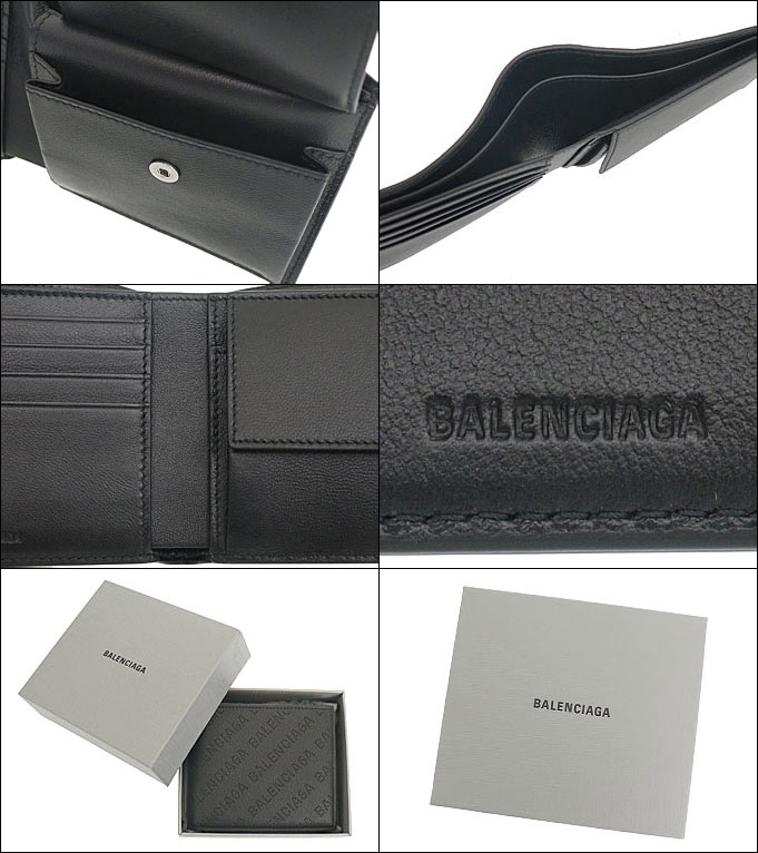 バレンシアガ BALENCIAGA 財布 二つ折り財布 594315 D6WZN ブラック キャッシュ パンチング ロゴ レザー スクエア  バイフォールド コイン ウォレット メンズ