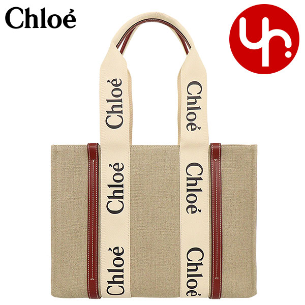 【72時間限定ポイント2％】クロエ chloe バッグ トートバッグ CHC22AS383 I26 ホワイト×ブラウン WOODY ウッディ リネン キャンバス ロゴ リボン ミディア