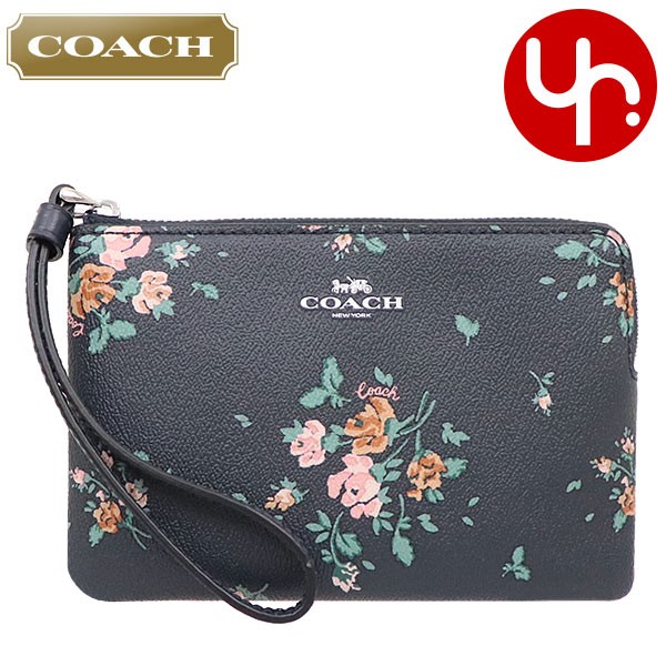 コーチ COACH 小物 ポーチ F91781 ミッドナイトマルチ ローズ ブーケ プリント PVC レザー コーナー ジップ リストレット アウトレット レディース