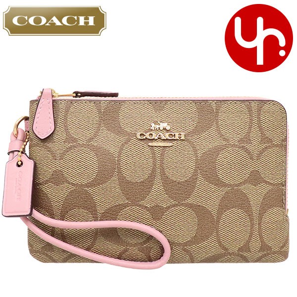 Yahoo! Yahoo!ショッピング(ヤフー ショッピング)コーチ COACH 小物 ポーチ F87591 カーキ×ブロッサム ラグジュアリー シグネチャー PVC レザー ダブル コーナー ジップ リストレット アウトレット レディース