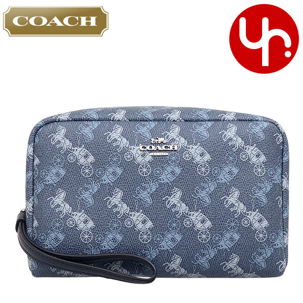 Yahoo! Yahoo!ショッピング(ヤフー ショッピング)コーチ COACH 小物 ポーチ F00528 528 インディゴ×ペールブルーマルチ ホース アンド キャリッジ ボクシー コスメティック ケース アウトレット レディース