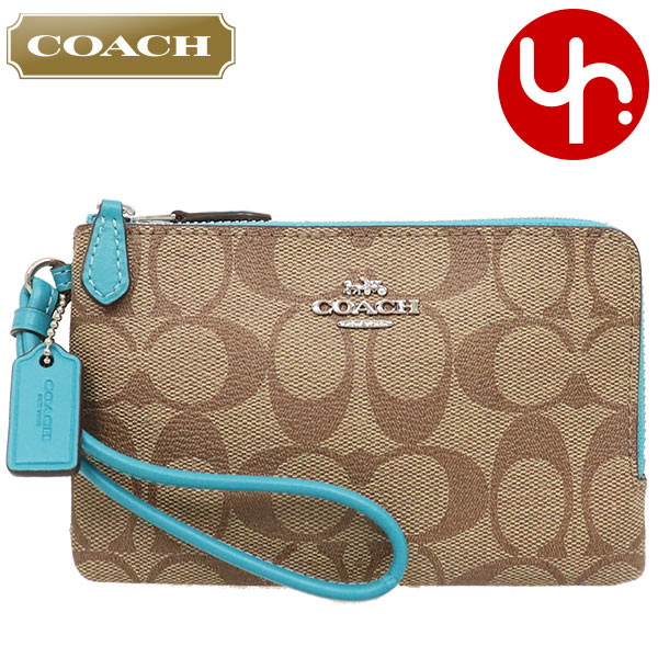 Yahoo! Yahoo!ショッピング(ヤフー ショッピング)コーチ COACH 小物 ポーチ F87591 87591 カーキ×アクア シグネチャー PVC レザー ダブル コーナー ジップ リストレット アウトレット レディース