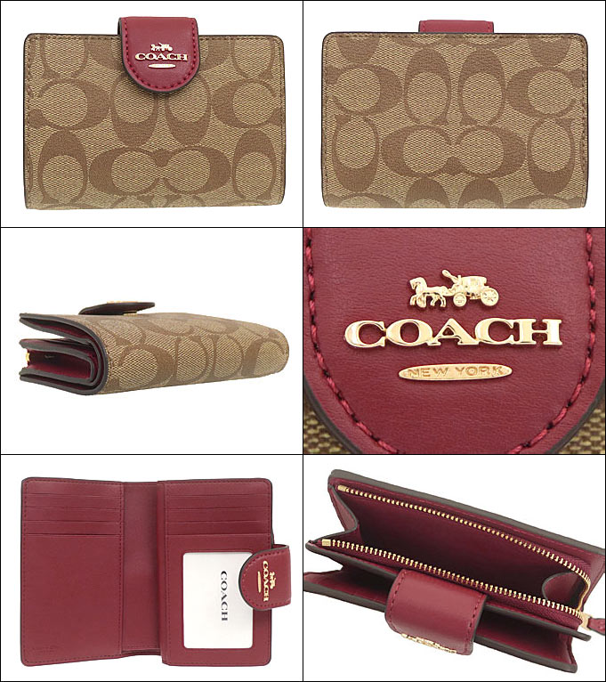 コーチ COACH 財布 二つ折り財布 FC0082 C0082 カーキ×チェリー シグネチャー PVC レザー ミディアム コーナー ジップ  ウォレット アウトレット レディース