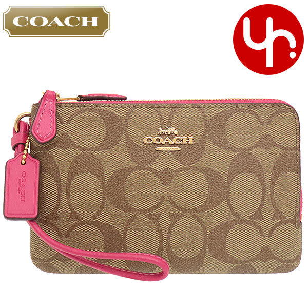 Yahoo! Yahoo!ショッピング(ヤフー ショッピング)コーチ COACH 小物 ポーチ F87591 87591 カーキ×ストロベリーヘイズ シグネチャー PVC レザー ダブル コーナー ジップ リストレット アウトレット レディース