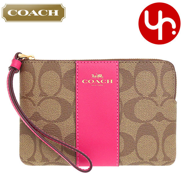 コーチ COACH 小物 ポーチ F58035 58035 カーキ×ボールドピンク シグネチャー PVC レザー コーナー ジップ リストレット アウトレット レディース