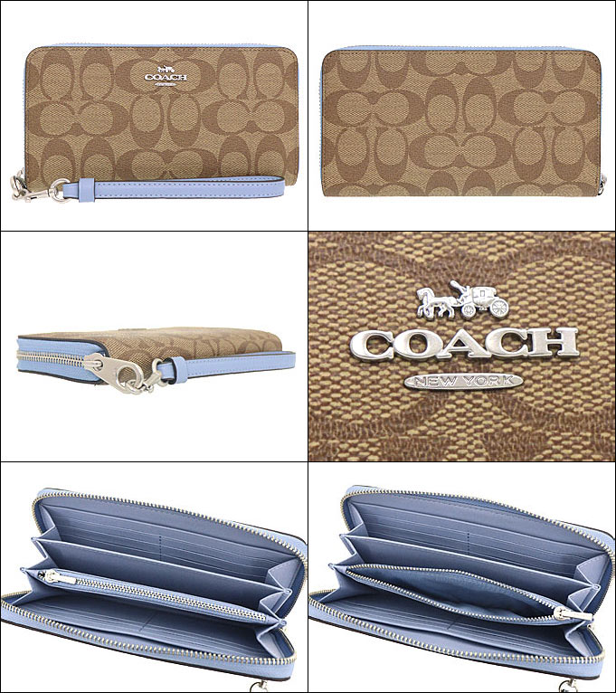 新品) COACH 長財布 レディース カーキ×マーブルブルー-