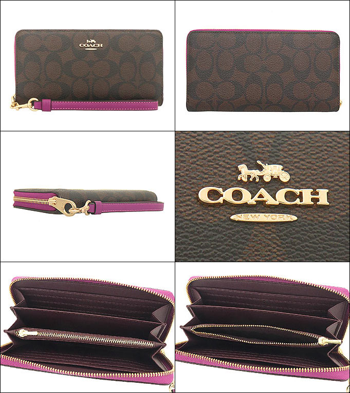 コーチ COACH 財布 長財布 FC4452 C4452 ブラウン×ダークマジェンタ シグネチャー ジップ アラウンド ウォレット  （ストラップ付き） アウトレット レディース