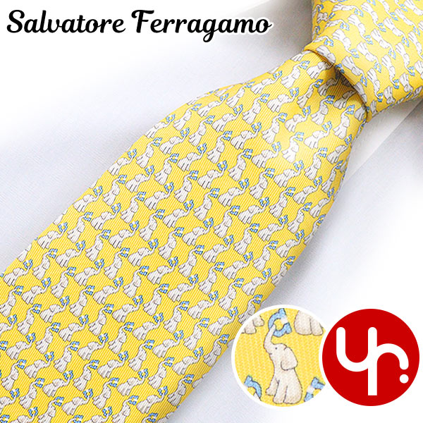 【新品】Salvatore Ferragamo フェラガモ ネクタイ ゾウ 黄色 新品】Salvatore Ferragamo フェラガモ ネクタイ ゾウ 黄色