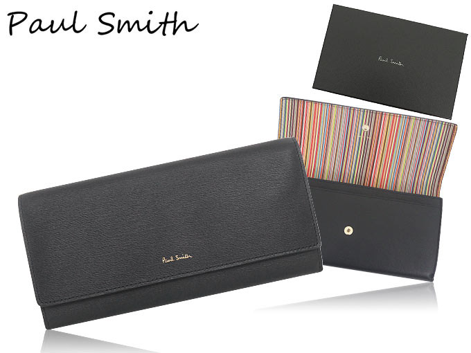 ポールスミス Paul Smith 財布 長財布 M1A 4608X ASTRML ブラック×マルチ インテリア マルチストライプ レザー フラップ  ウォレット メンズ