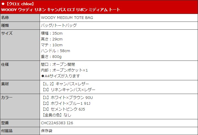 クロエ chloe バッグ トートバッグ CHC22AS383 I26 WOODY ウッディ リネン キャンバス ロゴ リボン ミディアム トート レディース