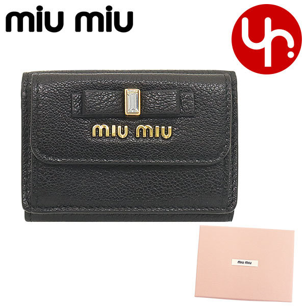 ミュウミュウ miumiu 財布 三つ折り財布 5MH021 2D7A マドラス フィオッコ クリスタル リボン レザー ミニ トライフォールド  ウォレット レディース