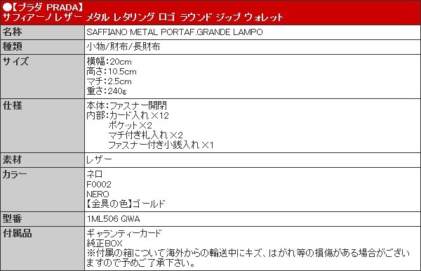 プラダ PRADA 財布 長財布 1ML506 QWA ネロ サフィアーノ レザー メタル レタリング ロゴ ラウンド ジップ ウォレット レディース | PRADA | 05